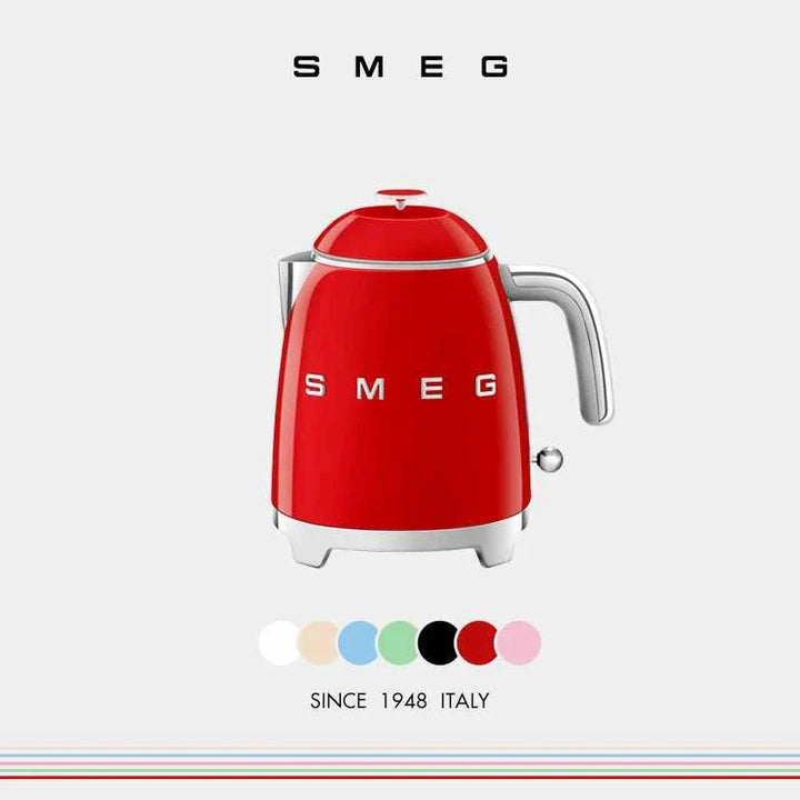 Red SMEG electric kettle with 0.8L capacity, Italian luxury design, heat-resistant handle, and V-shape stainless steel spout.