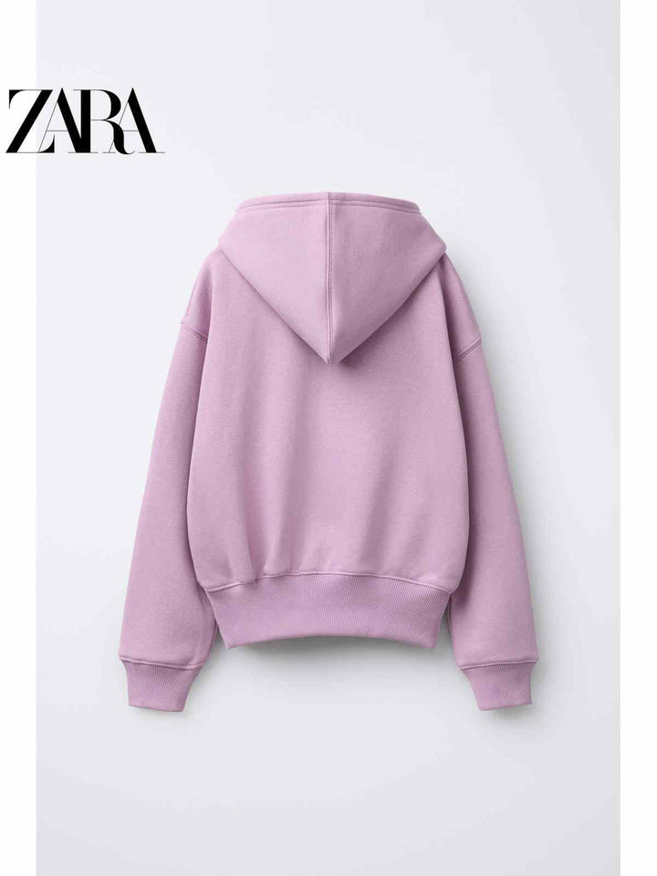 ZARA هودي نسائي كاجوال وردي فاتح بقصة مريحة وقبعة أنيقة تصميم قطني ناعم للدفء والمتانة