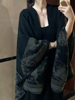 La Chapelle vintage high-end black and gray large shawl for women, layered thickened warm cape, spring/autumn cardigan
