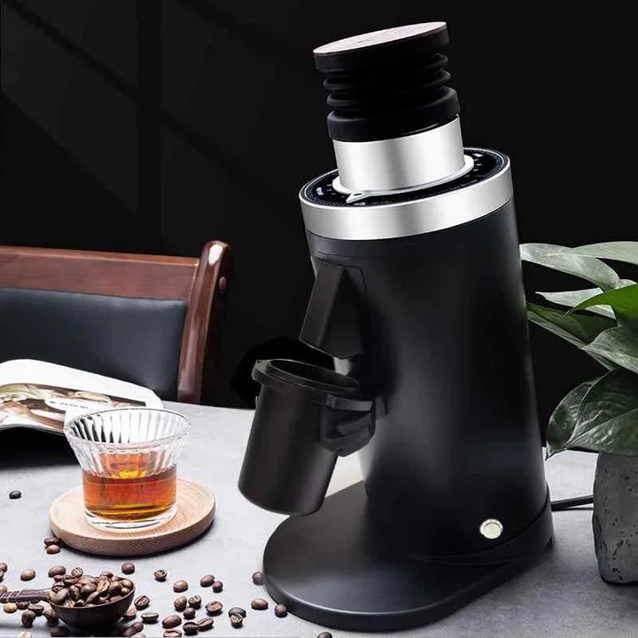 Black DF64N coffee grinder with accessories, 64mm burr, 250W motor, sleek aluminum body, designed for precise grinding and espresso flavor enhancement