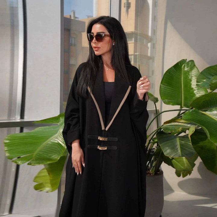 Middle Eastern Black Robe Modest European and American Fashion Cardigan Leather Buckle Turkish Bat Sleeve Dress Black Robe