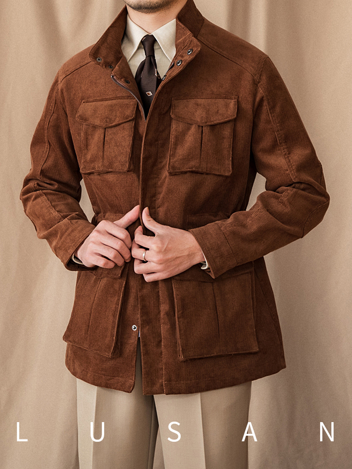 Mr. Lusan hunting jacket in brown velvet with four front pockets and stand collar, stylish durable design for men