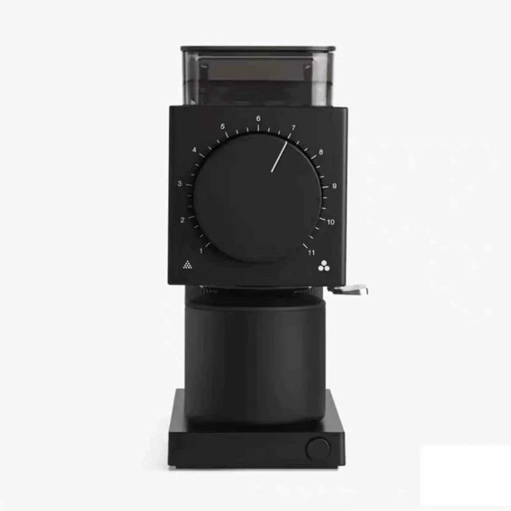 Black FELLOW 2nd Generation Ode 64mm coffee grinder with adjustable grind settings and compact design for home brewed filter coffee.