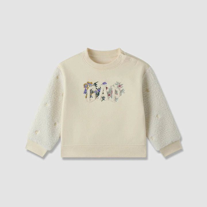 كنزة GAP فرو للأطفال بتطريز أزهار وأكمام فرو ناعمة دافئة شتوية