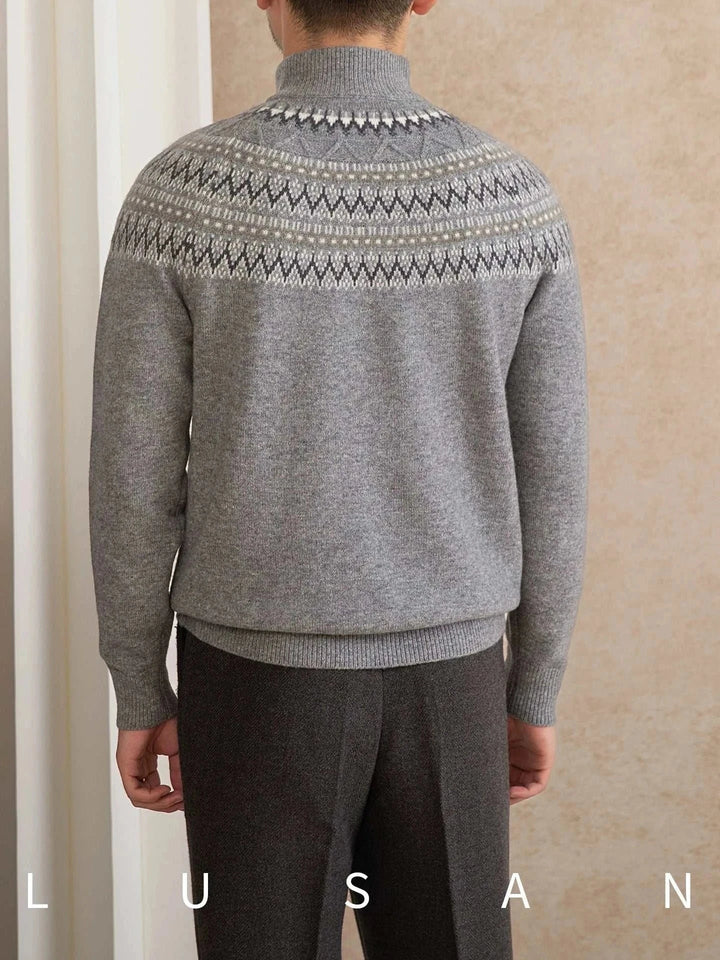 Mr. Lu San grey 100% wool slim sweater with Scandinavian pattern and half-zip collar