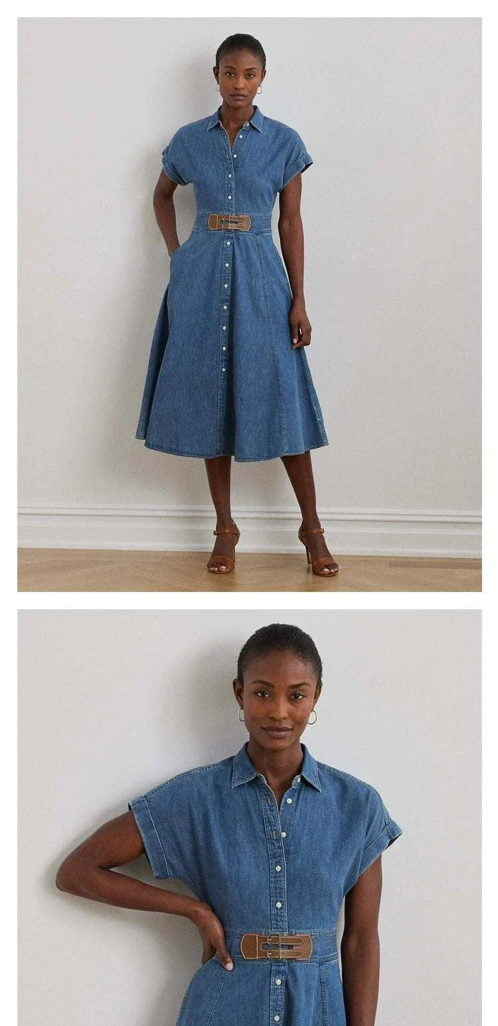 فستان دنيم كلاسيكي نسائي من Lauren by Ralph Lauren بحزام خصر بني وقصة قميص بأزرار أمامية وأكمام قصيرة