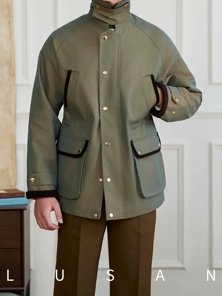 Mr. Lu San British Gabardian olive green gabardine jacket with brown corduroy collar and brass buttons