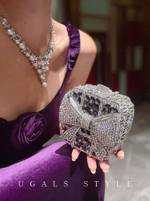 UGALS heavy industry bow versatile full of rhinestones shiny mini banquet change key clutch crossbody box bag
