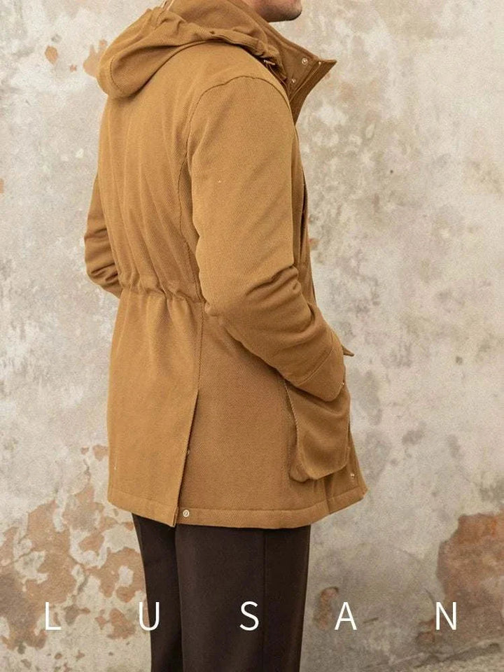 Mr. Lusan Jacket Charles camel brown warm hooded jacket with adjustable waist and front pockets