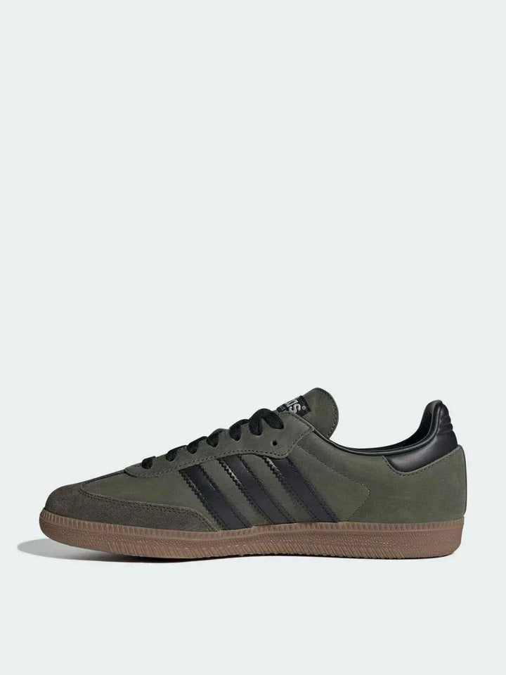 Adidas official Clover unisex lightweight athleisure shoe side view in olive green with black stripes and gum sole