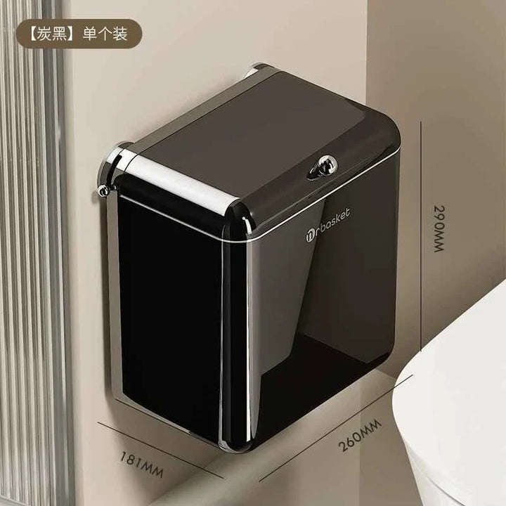 Black Mr.Basket wall-mounted trash bin with double lid, 9-liter capacity, compact design for tight spaces