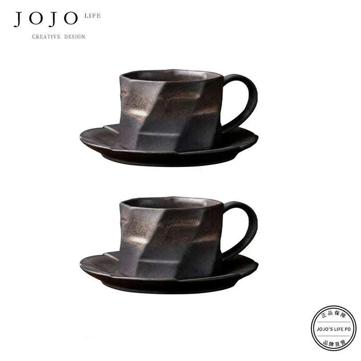 JOJO'S L.PD. East. handmade ceramic coffee cup with matching saucer, retro Japanese design, earthy brown with glossy gray interior, durable stain-resistant finish