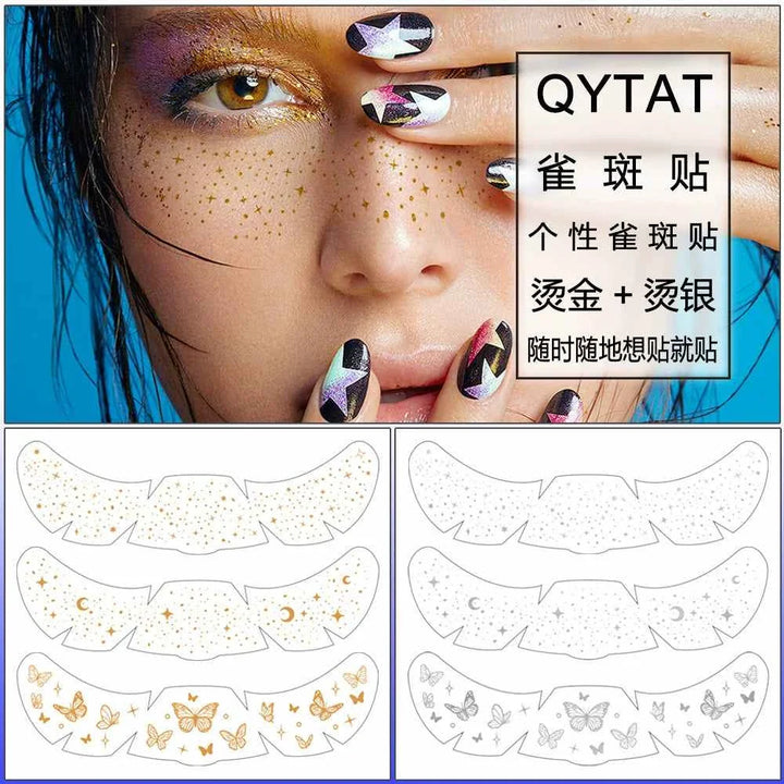 Close-up of a woman's face with Taylor Swift Freckle Makeup Patches applied, showcasing starry freckles and artistic nail art, alongside product packaging showing gold and silver freckle patch designs.
