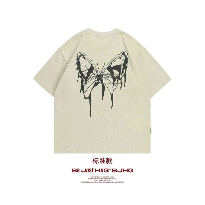 Cream-colored BJHG reflective butterfly print t-shirt with modern youth design