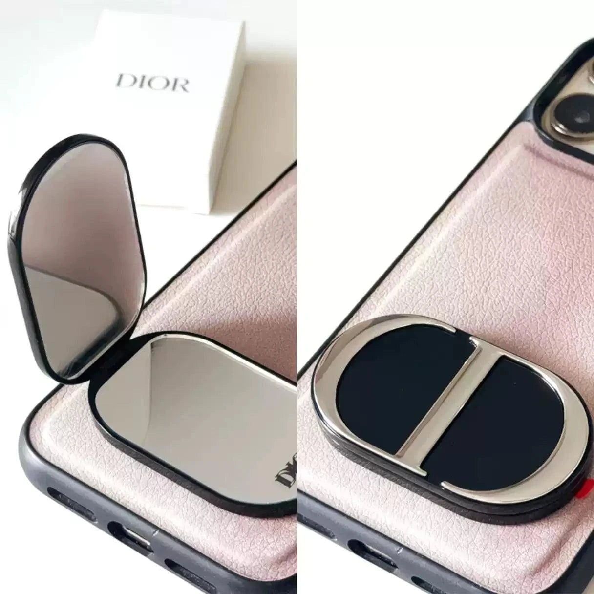 مسكة جوال DIOR بتصميم CD مع مرآة مخفية - أسود.
