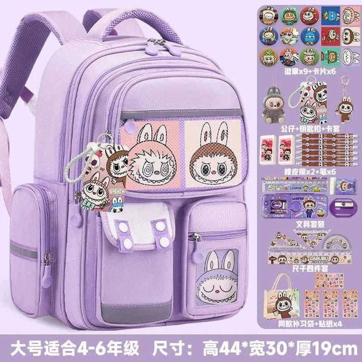 Purple LABUBU school backpack with cartoon design, ergonomic back protection, multiple compartments, and a free 40-piece school supplies set.
