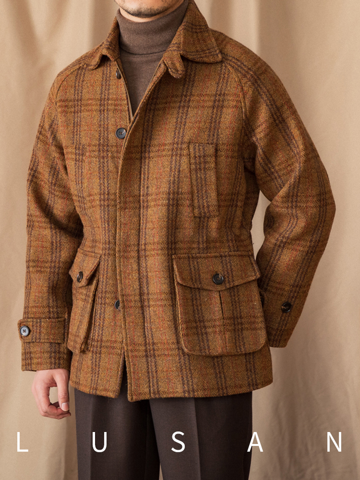 Mr. Lusan hunting tweed jacket brown plaid wool blend warm windproof with pockets and adjustable cuffs