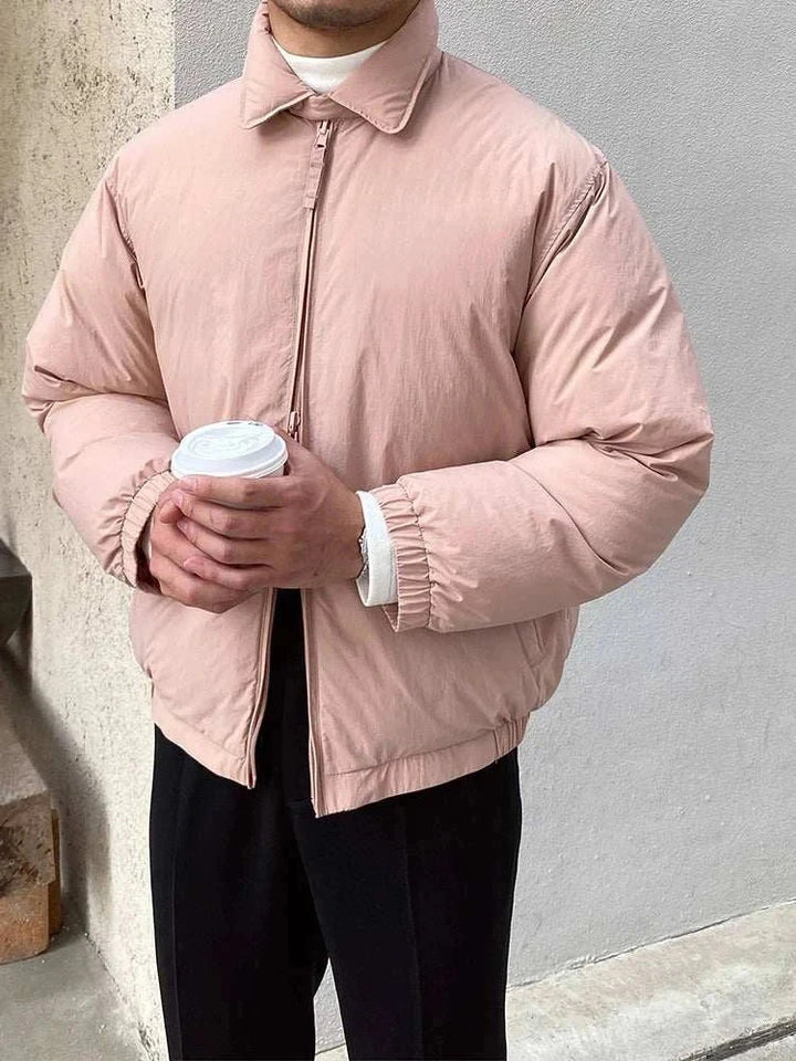 Mr. Lusan British jacket in light pink with classic collar, zip closure, and insulated lightweight fabric.