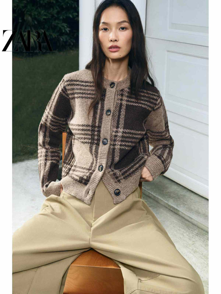 ZARA كارديجان نسائي كارو بنمط كاجوال دافئ وأنيق بأزرار أمامية