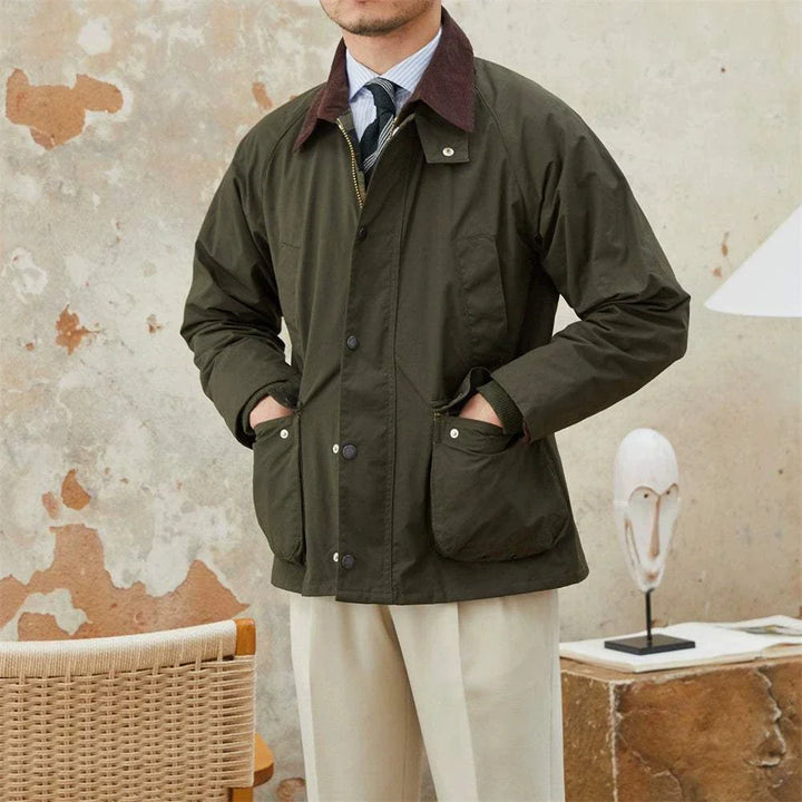Mr. Lusan Jacket retro windproof hunting suit with velvet collar and spacious front pockets in olive color