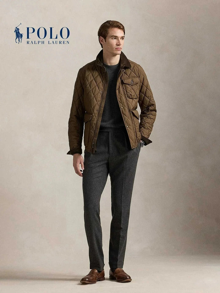 جاكيت Ralph Lauren بني زيتوني مبطن بقماش متين مع تطريز ماسي وأزرار وجيوب أمامية وقفل سحاب مخفي أنيق ومريح للرجال