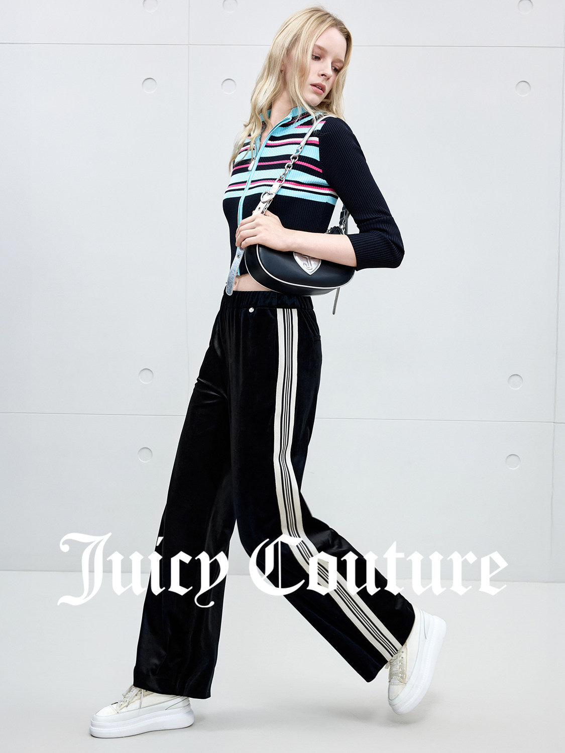Juicy Couture Orange Casual Pants for Women, Velvet Straight-Leg Striped Sports Pants