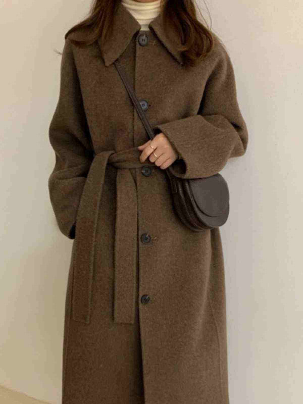 معطف شتوي طويل بني داكن من صوف الماعز الفاخر مع حزام للخصر وتصميم أنيق للنساء