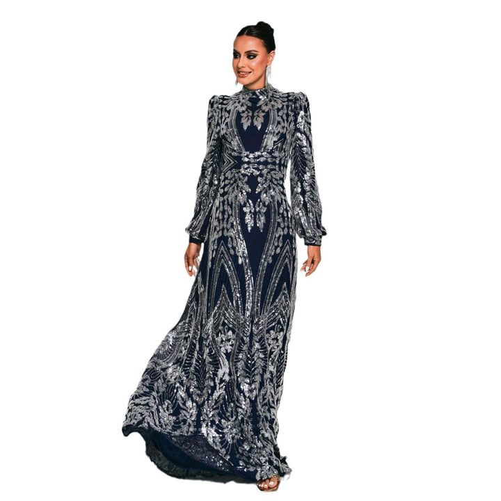 Elegant long evening gown with puffed sleeves and shimmering embroidery, ideal for luxury events.