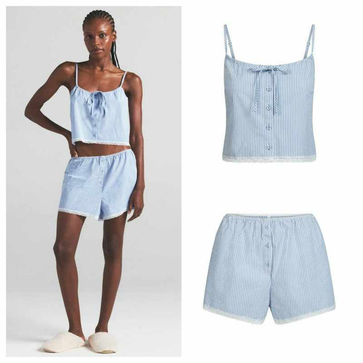 SKIMS striped blue and white summer pajama set with thin straps and comfortable shorts