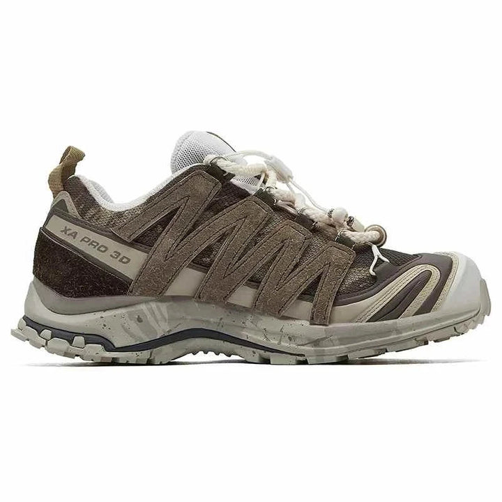 Brown and beige Salomon XA Pro 3D Ice Warrior Limited Edition hiking shoe with Contagrip sole and rope-lace design