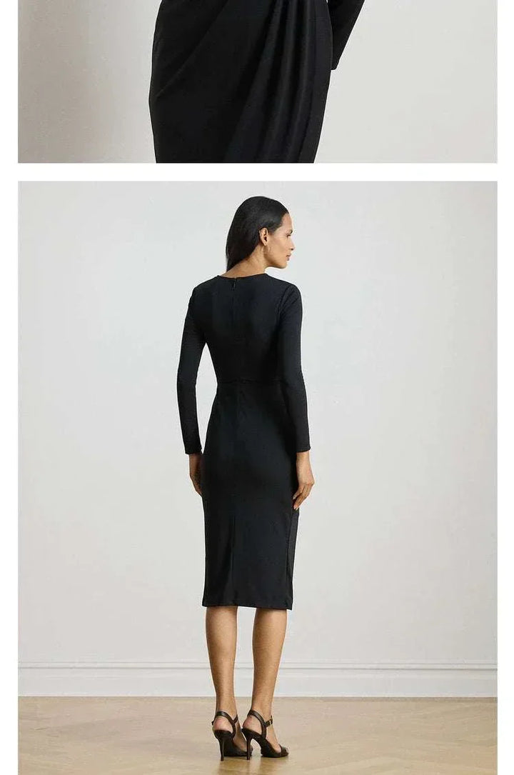 فستان لورين لورين نسائي أسود أنيق بأكمام طويلة وقصة ضيقة مع حزام جلد ذهبي وأداء مريح للقماش المرن