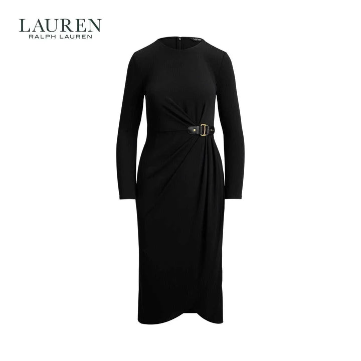فستان نسائي أسود أنيق من Lauren Womens Dress بتصميم ضيق مع حزام جلد ذهبي وأكمام طويلة يناسب السهرات والمناسبات الرسمية