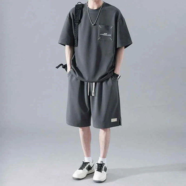 Men's Ice Silk loose fit t-shirt and practical shorts set in dark gray, breathable and wrinkle-resistant for summer comfort