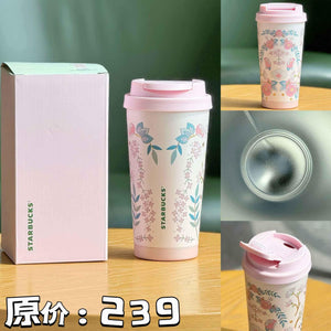 Starbucks cup 2025 spring flower fresh and romantic high-value ceramic mug stainless steel straw tumbler.
