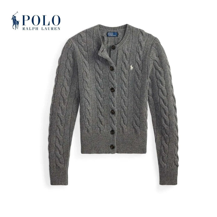 كارديجان Ralph Lauren بنسيج جدائل رمادي مع شعار بولو مطرز وأزرار أمامية للأناقة والراحة اليومية