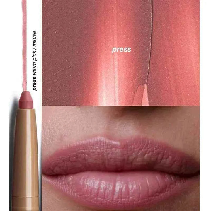 Rhode Lip Liner in warm pinky mauve shade showing creamy texture, swatch, and applied on lips
