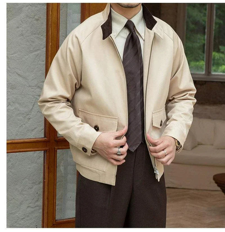 Mr. Lusan Jacket retro waterproof beige jacket with brown velvet collar and front button pockets