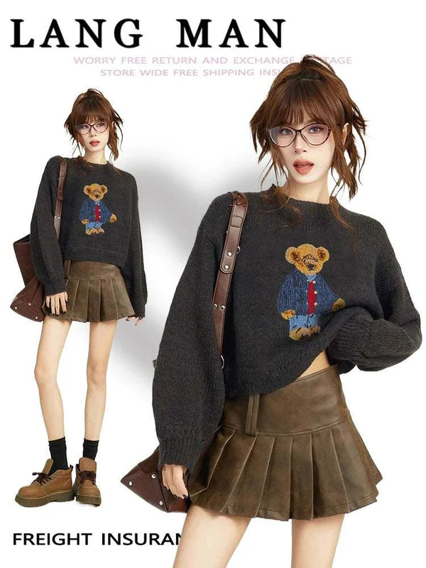 Vintage pullover سويتر Bear دافئ وأنيق بتصميم كلاسيكي مرحة