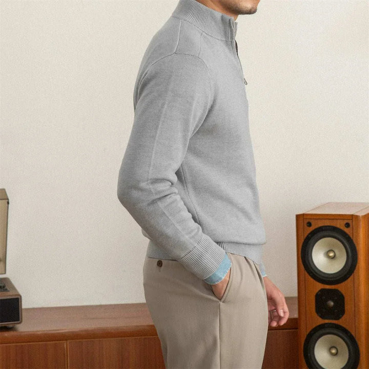 Mr. Lusan Italian slim stand collar sweater in light gray knit with zipper detail and ribbed cuffs