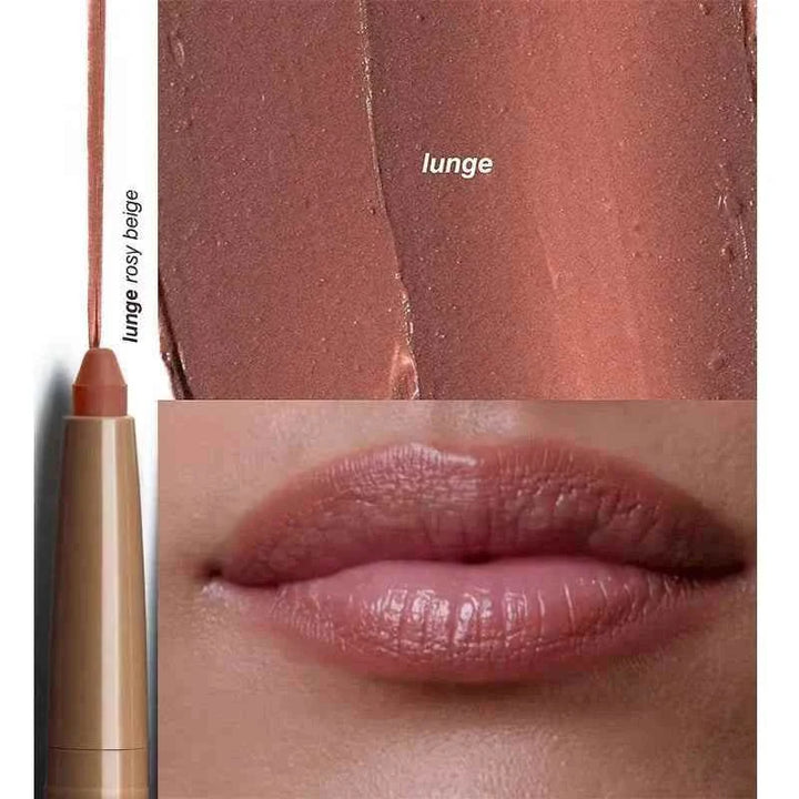Rhode Lip Liner in Lunge rosy beige shade showing creamy texture and applied on lips for natural finish