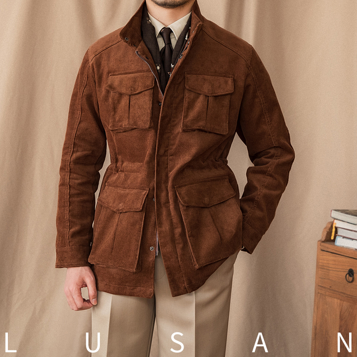 Mr. Lusan hunting jacket brown suede with multiple front pockets and high collar, stylish men's outdoor jacket