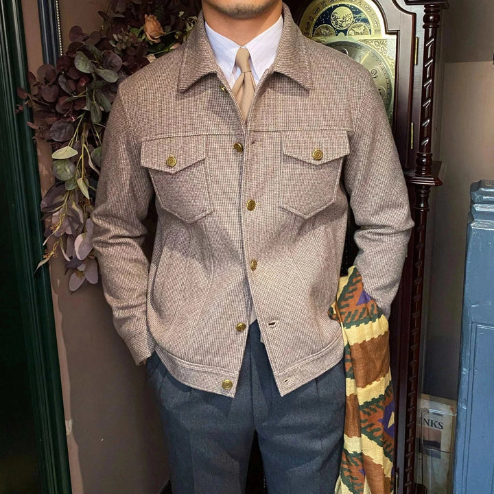 Mr. Lusan thick warm woolen casual jacket in beige and gray with gold buttons and classic collar
