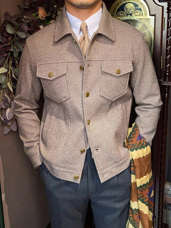 Mr. Lusan thick warm woolen casual jacket beige gray with gold buttons and double chest pockets