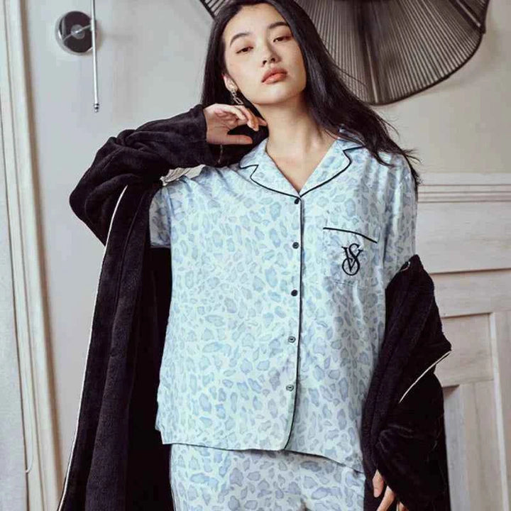 Victoria's Secret star staycation women's soft print Tencel long sleeve pajama set in light blue with black piping and logo detail