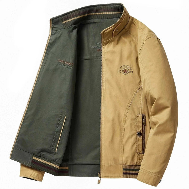 جاكيت رجالي عكسي بني مع لون داخلي زيتوني تصميم أنيق ومريح ومقاوم للتجاعيد