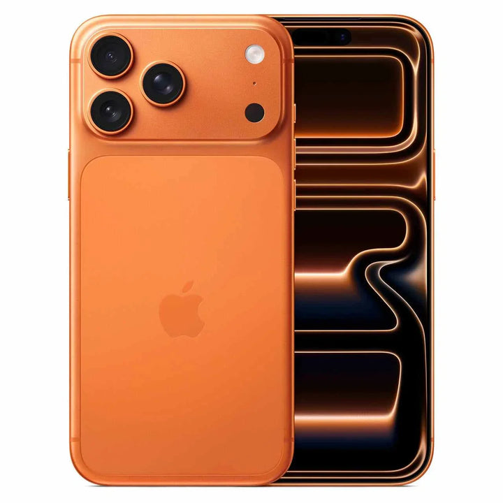 Apple iPhone 17 Pro Max orange color with triple rear cameras and ceramic shield display front view and back view