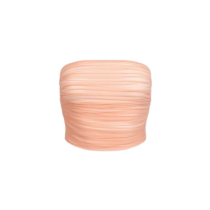 SKIMS ruched bandeau crop top in soft peach color without straps