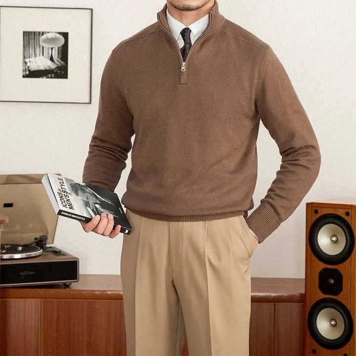 Mr. Lusan Italian slim stand collar sweater in brown with half-zip and ribbed cuffs, styled formally with shirt and tie.