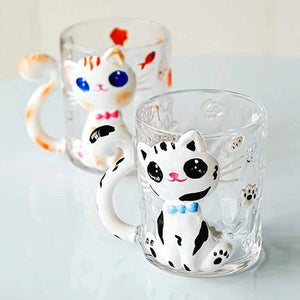 JOJO hand-painted cute cat glass coffee cup.