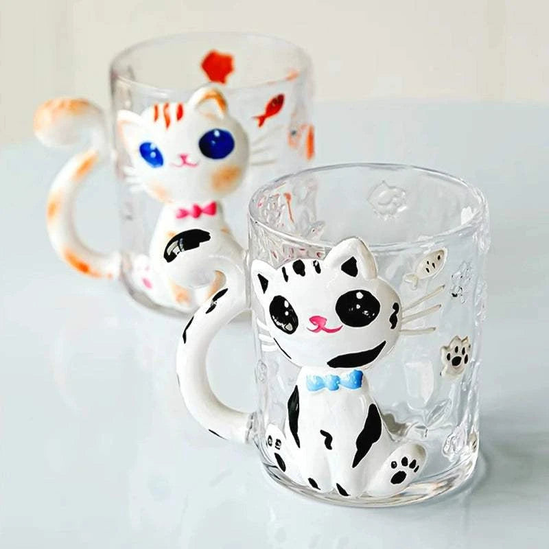 JOJO hand-painted cute cat glass coffee cup.